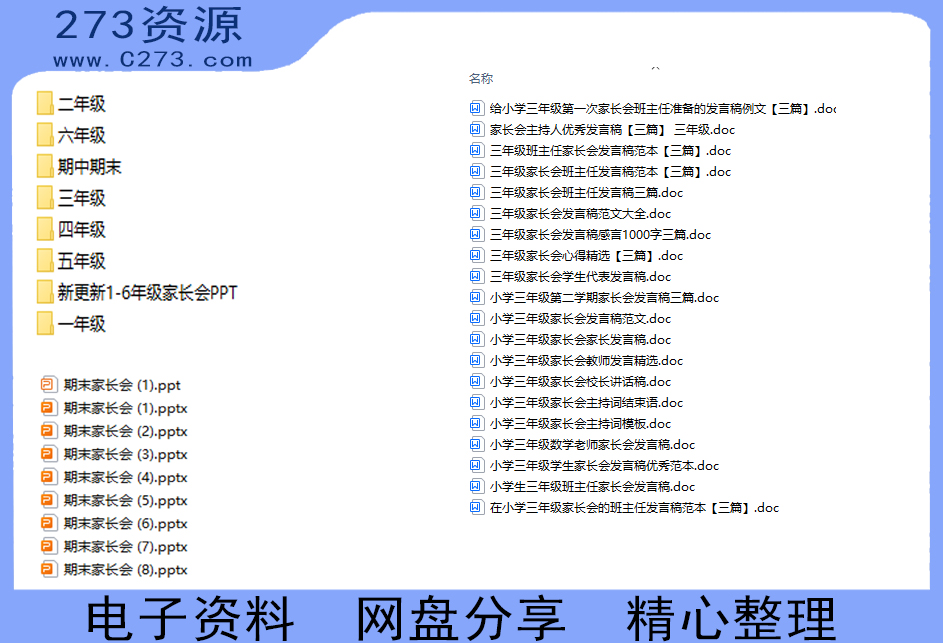 小学生家长会PPT和DOC模板及期末演讲稿合集总-273资源